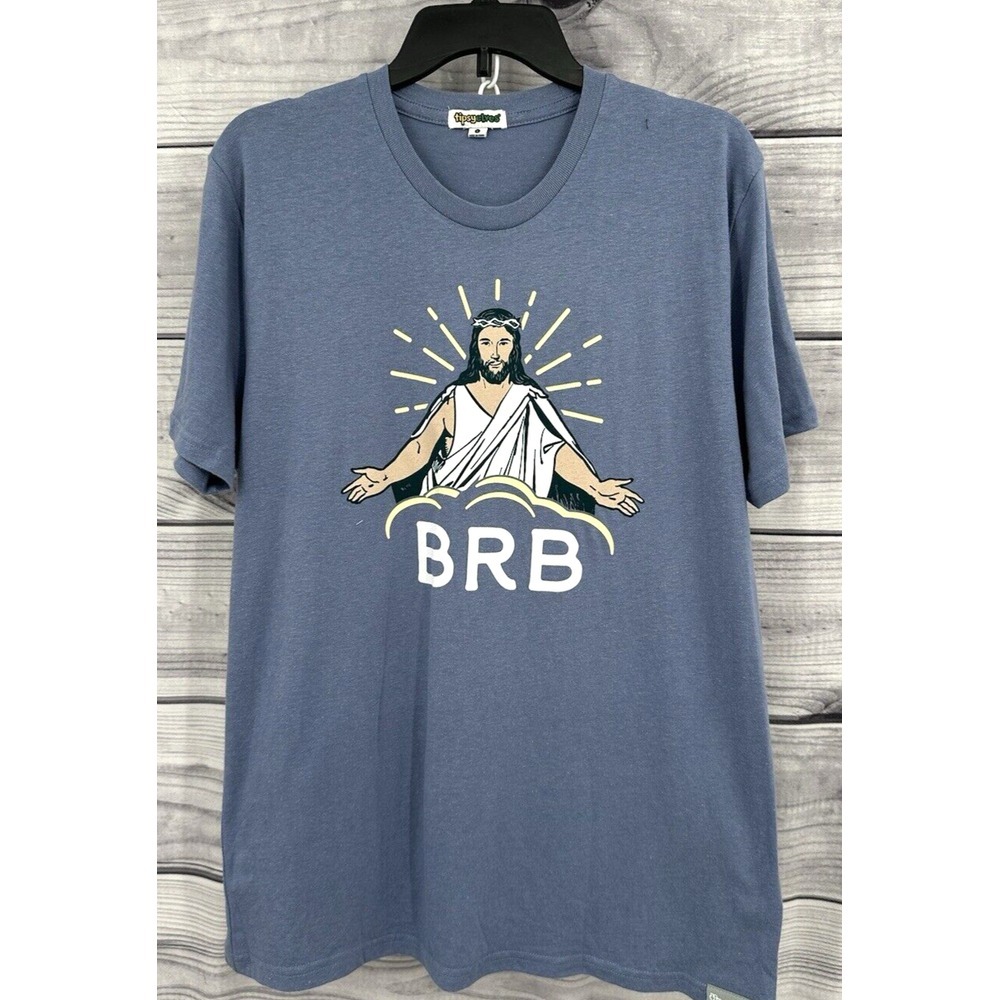 TIPSY ELVES JESUS BRB FUNNY EASTER TEE Men's Size Large‎  BLUE